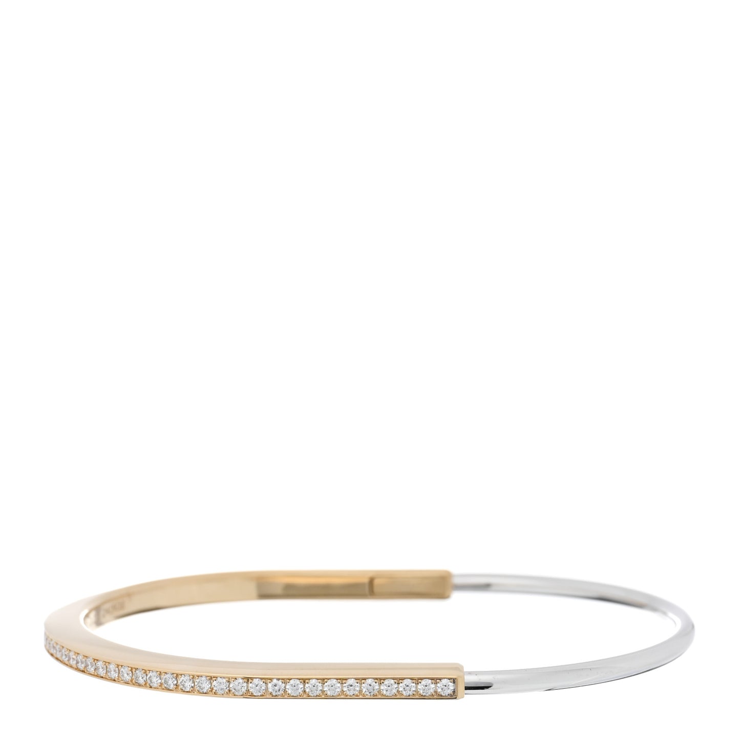 18K Yellow White Gold Diamond Narrow Tiffany Lock Half Pave Bangle Bracelet