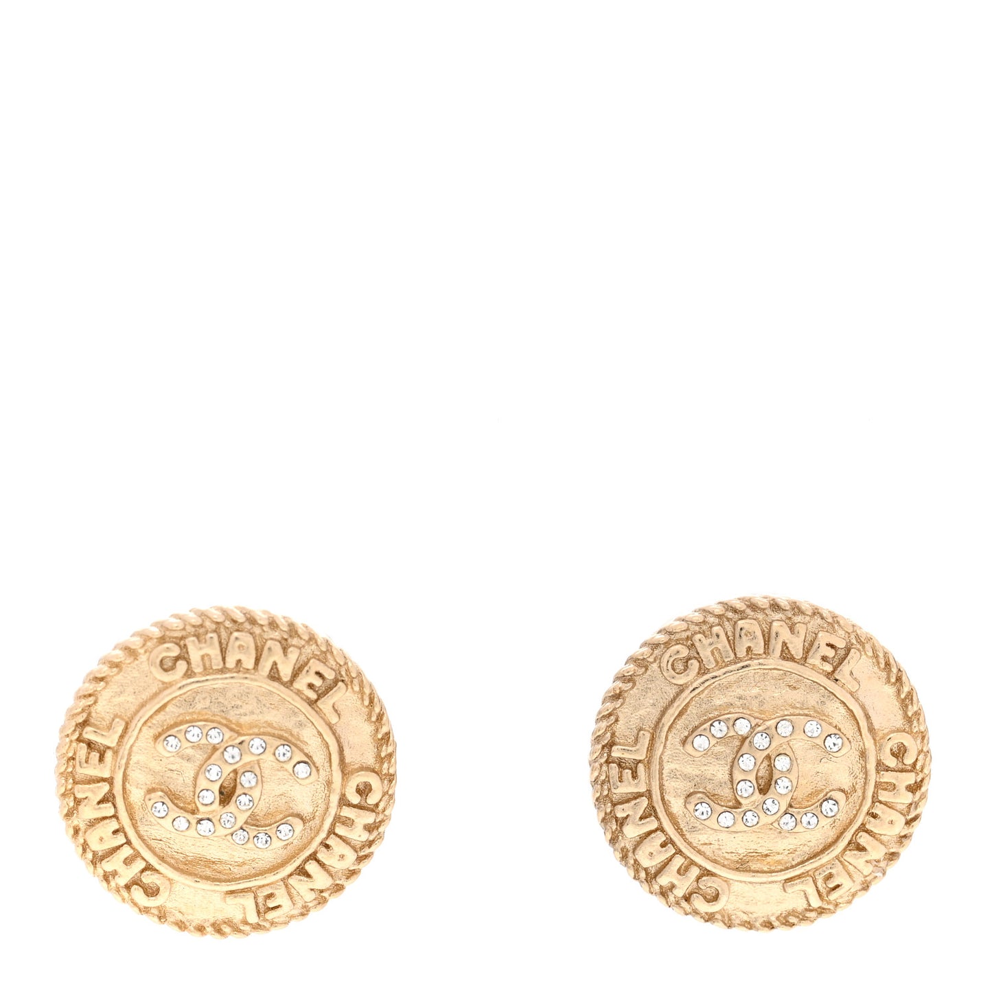 Metal Crystal CC Medallion Round Earrings Gold