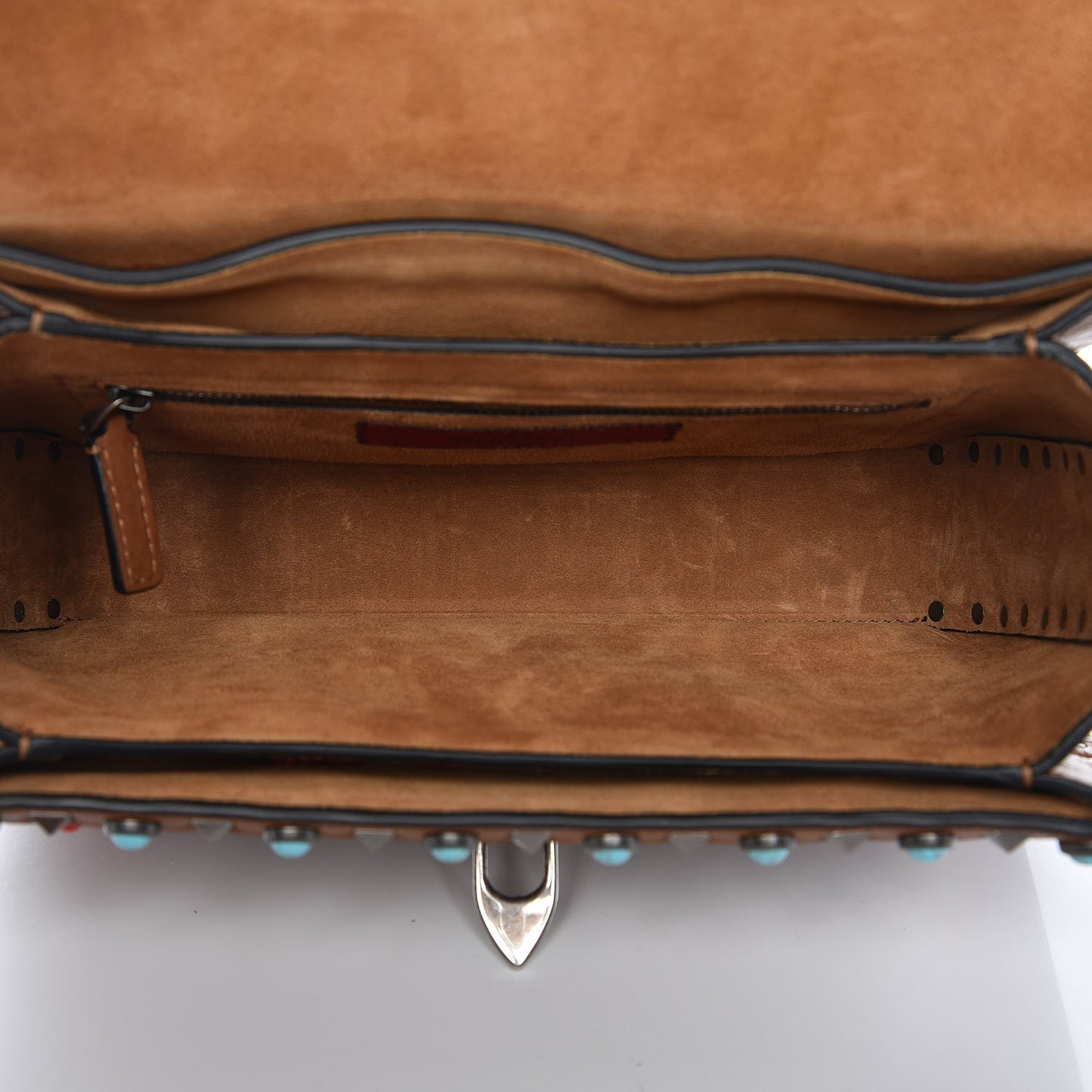 Calfskin Embroidered Medium Guitar Strap Rockstud Rolling Flap Saddle Bag Light Cuir