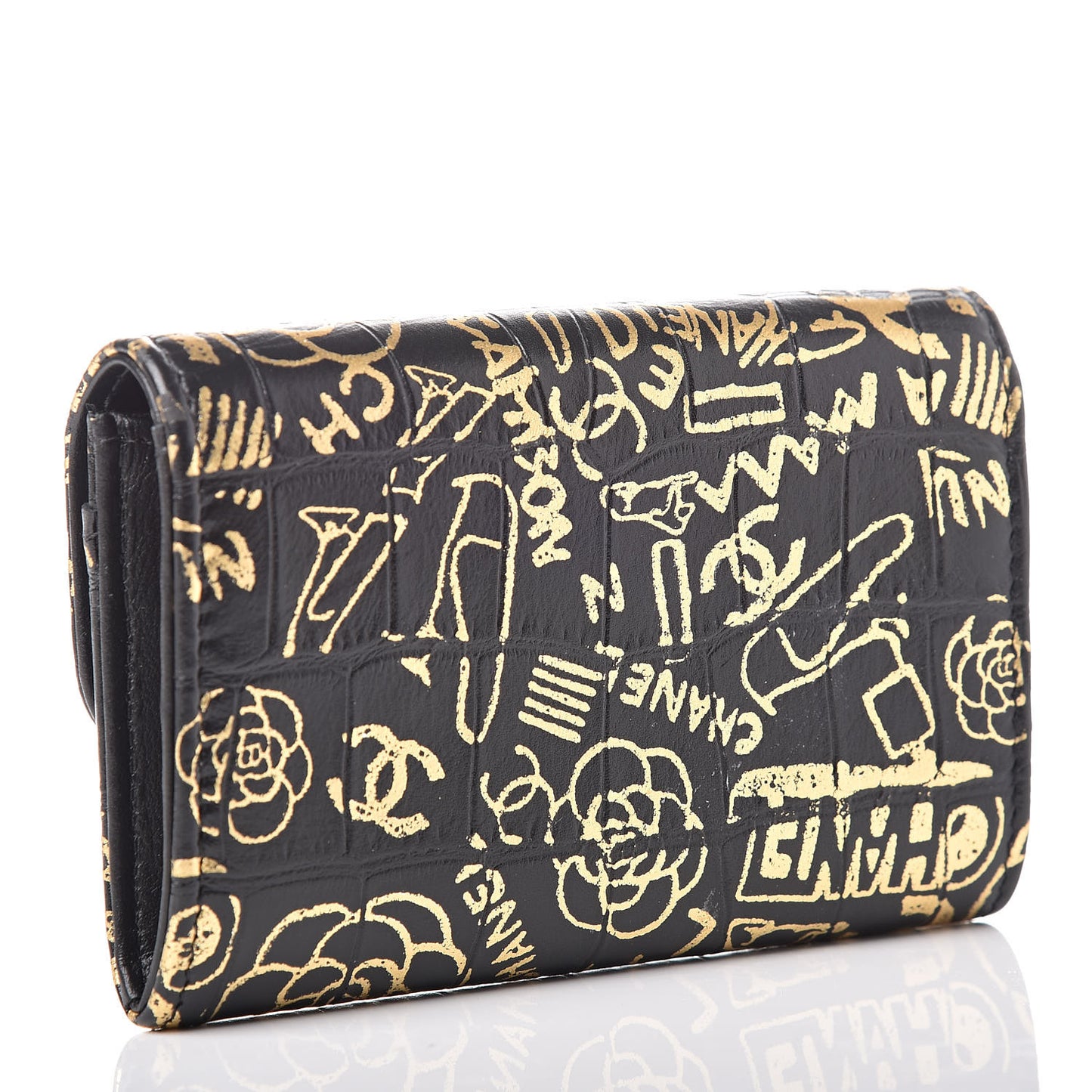 Calfskin Crocodile Embossed Graffiti 2.55 Cocodile Reissue Flap Card Holder Black Gold