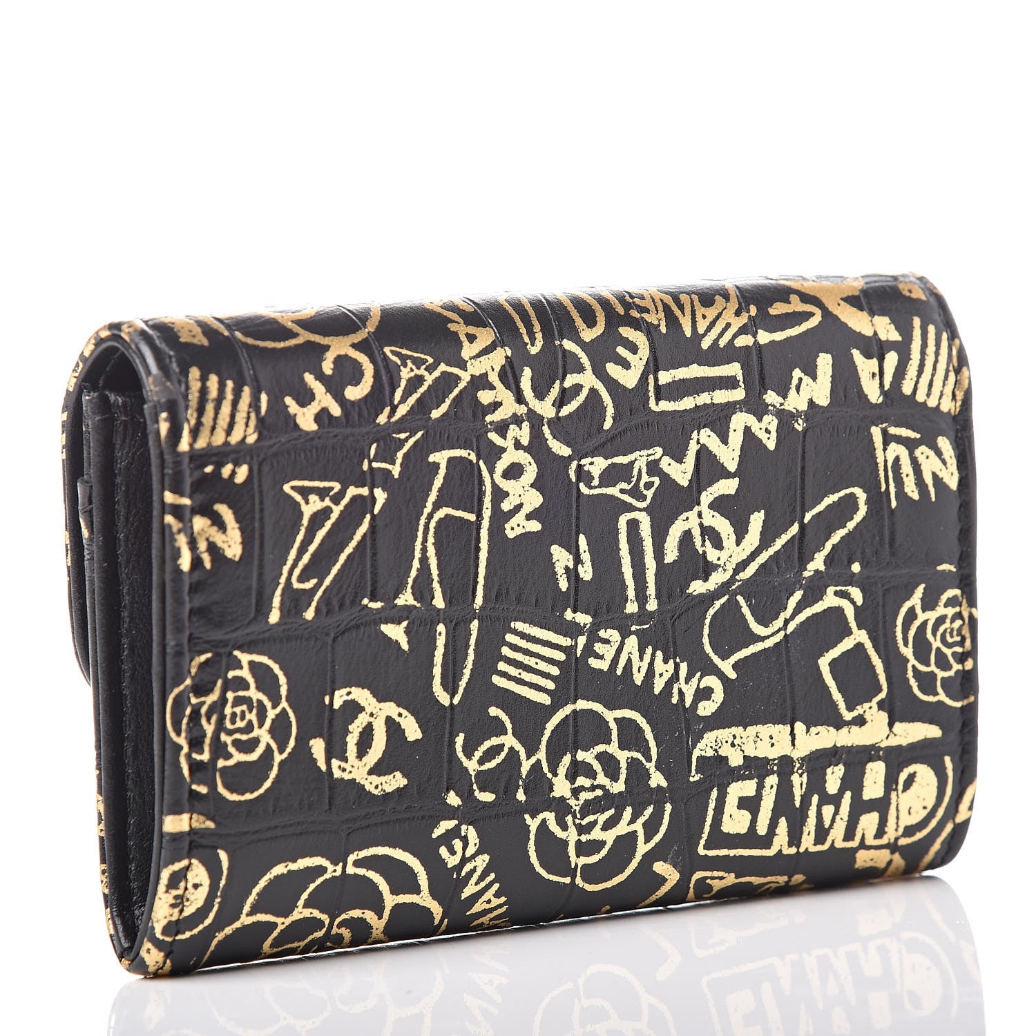 Chanel Calfskin Crocodile Embossed Graffiti 2.55 Cocodile Reissue Flap Card Holder Black Gold 3 of 12