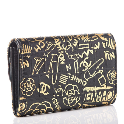 Chanel Calfskin Crocodile Embossed Graffiti 2.55 Cocodile Reissue Flap Card Holder Black Gold 3 of 12
