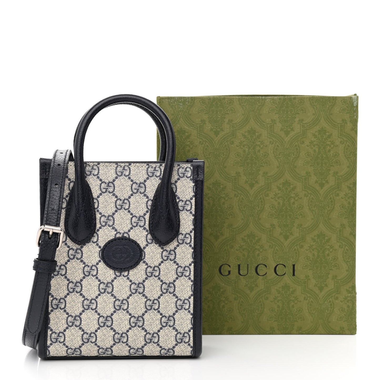 GG Supreme Monogram Textured Dollar Calfskin Mini Retro Interlocking G Tote Bag Beige Blue