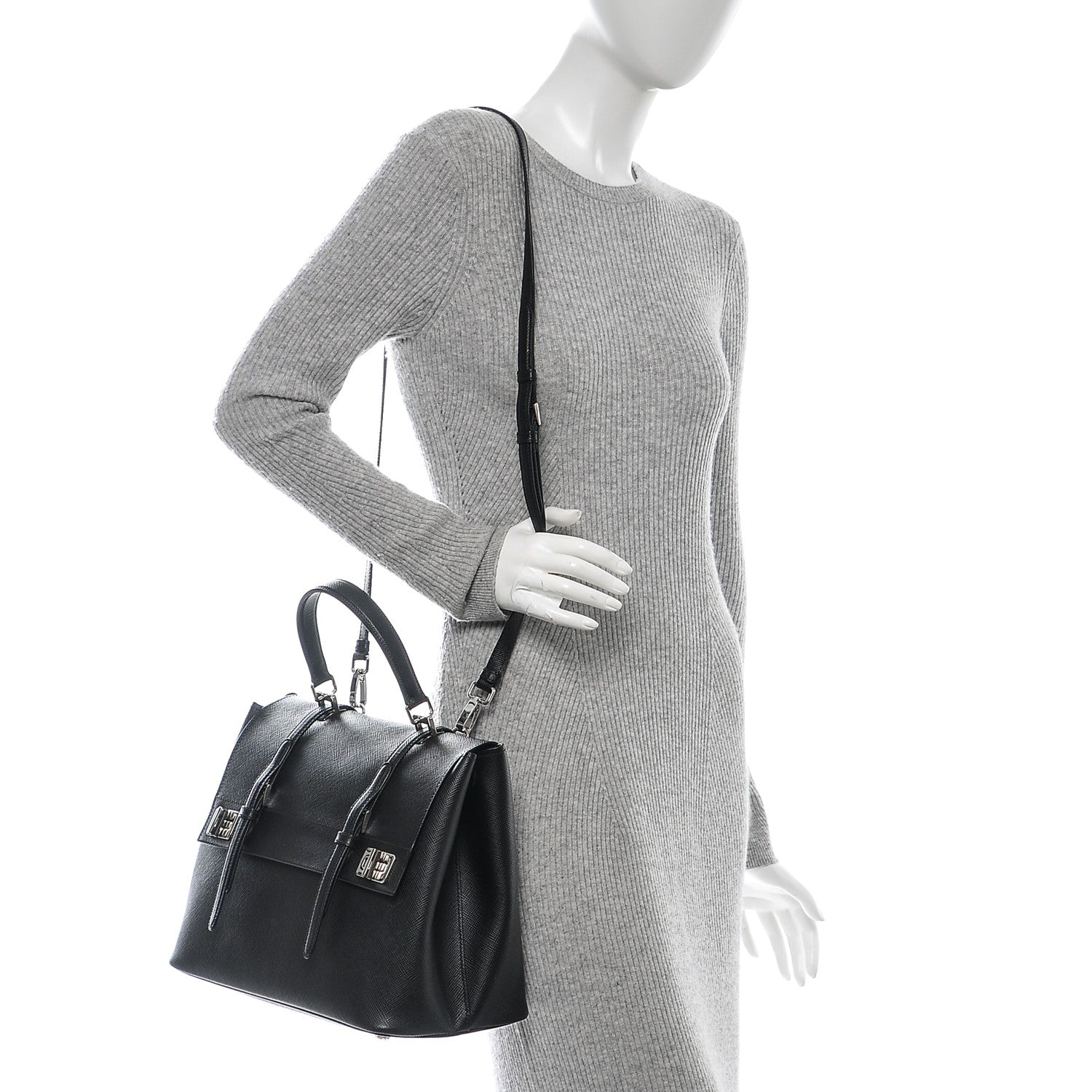 Prada Saffiano Cuir Convertible Top Handle Tote Nero Black 2 of 7