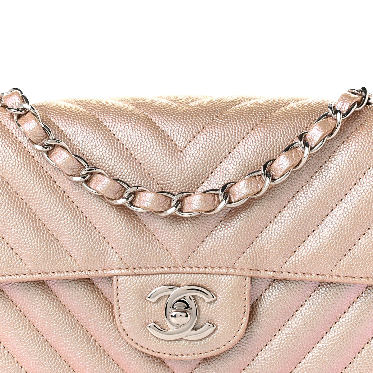 Iridescent Caviar Chevron Quilted Mini Rectangular Flap Light Gold