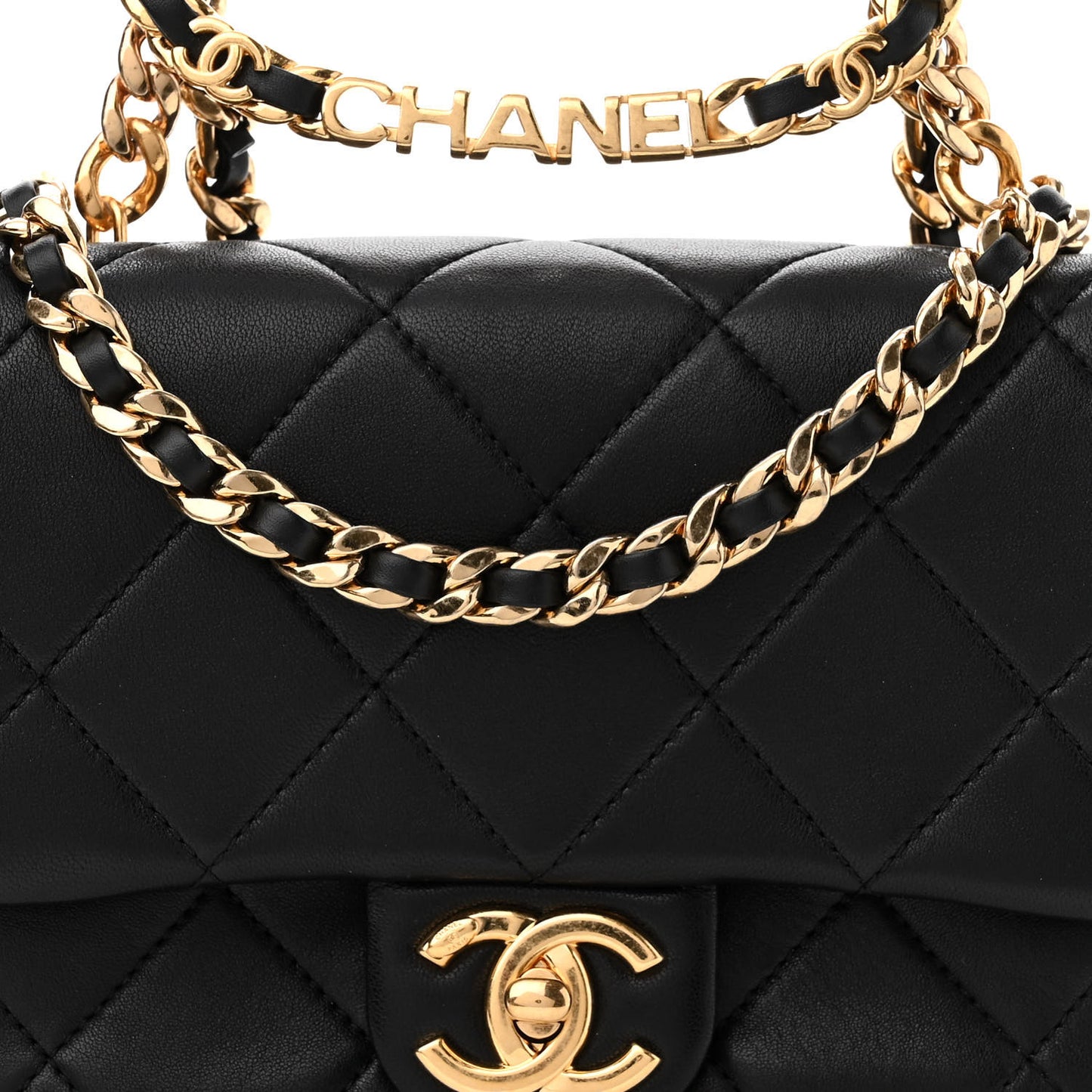 Lambskin Quilted Mini Logo Flap With Handle Black