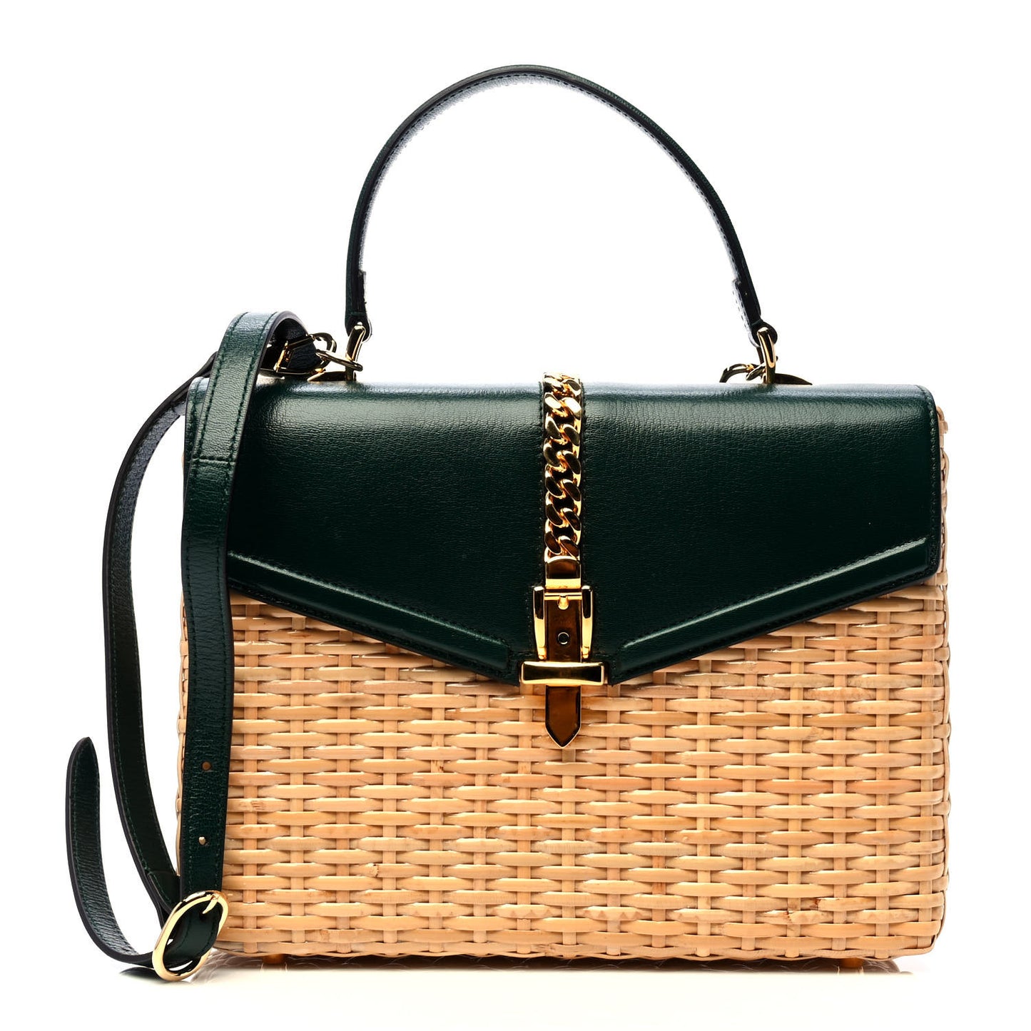 Wicker Calfskin Small Sylvie Top Handle Bag Naturale Green