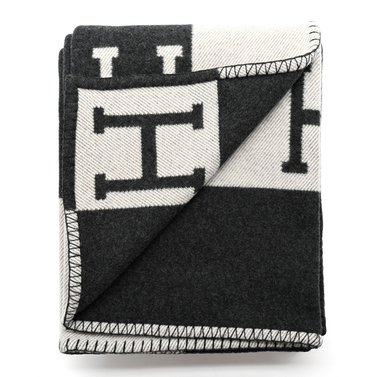 Hermes Wool Cashmere Avalon Signature Blanket Ecru Gris Fonce 2 of 3
