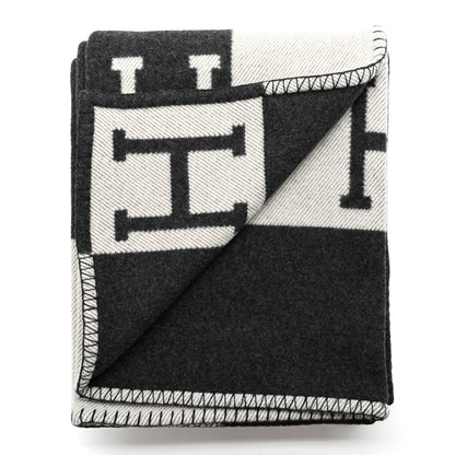 Hermes Wool Cashmere Avalon Signature Blanket Ecru Gris Fonce 2 of 3