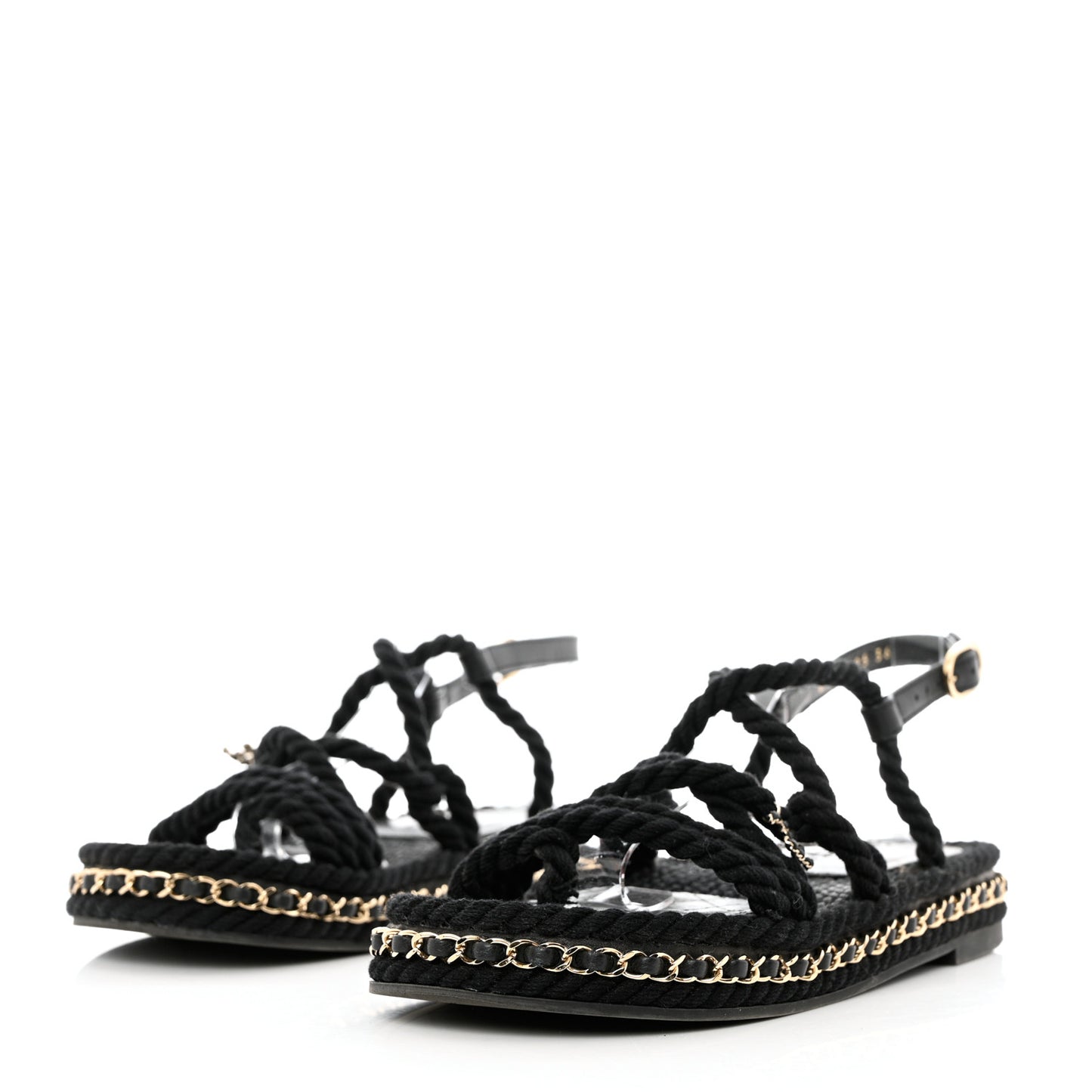 Lambskin Cord Chain CC Sandals 36 Black