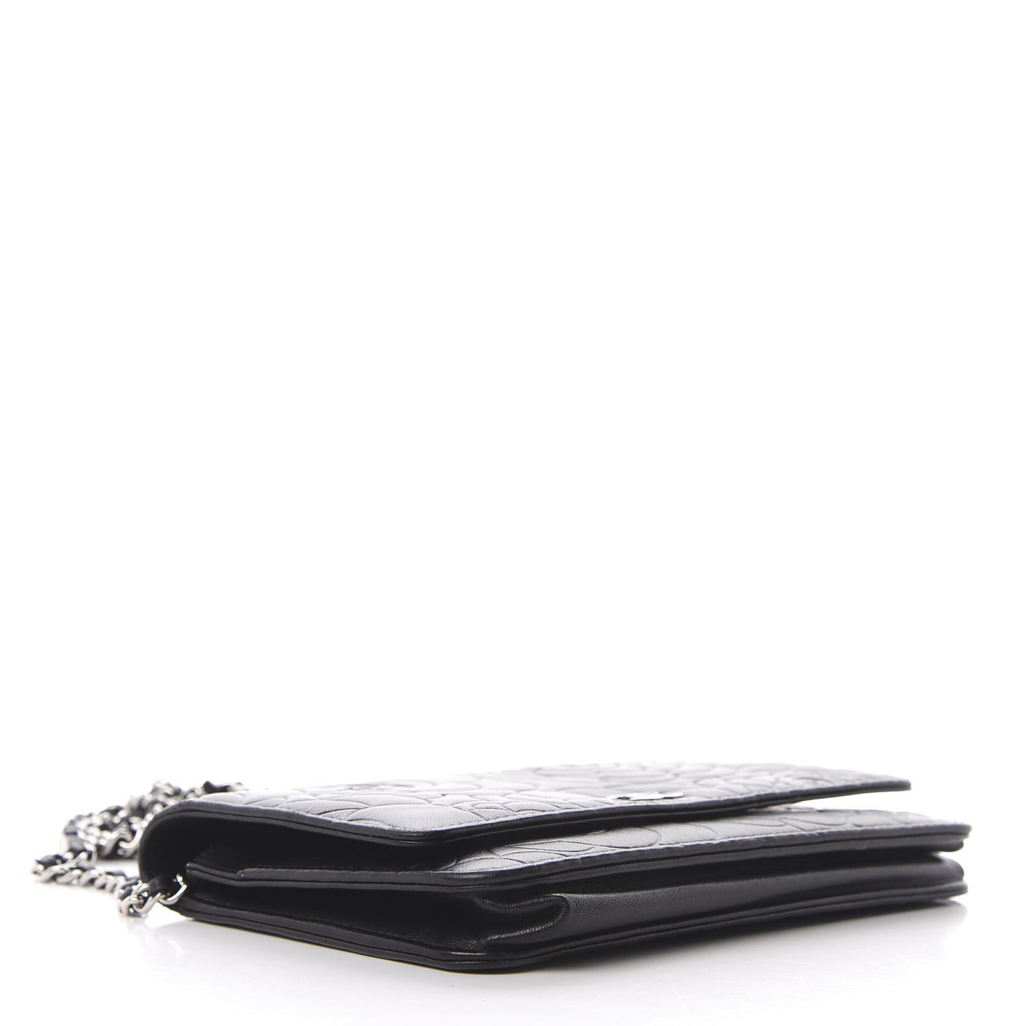 Lambskin Camellia Embossed Wallet on Chain WOC Black