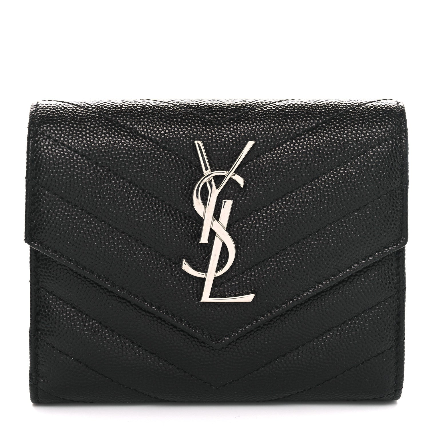 Saint Laurent Grain De Poudre Matelasse Chevron Monogram Compact Tri Fold Wallet Black 1 of 7