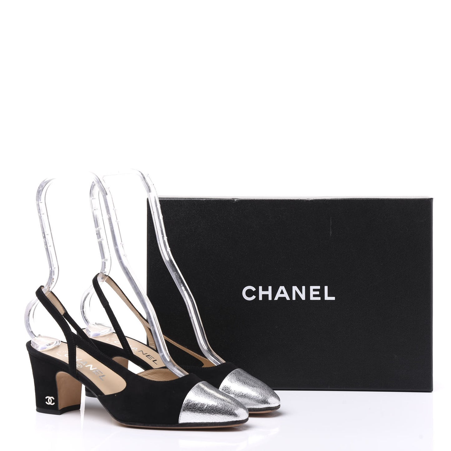 Kid Suede Metallic Lambskin Cap Toe CC Slingback Pumps 37 Black Silver Gold