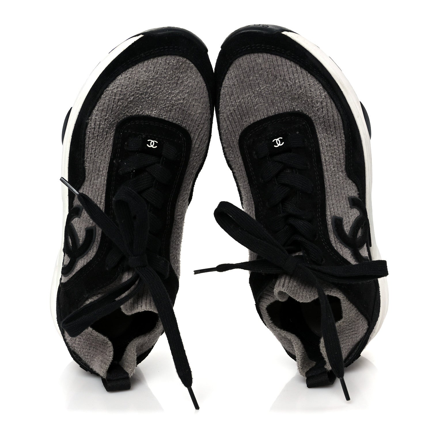 Chanel Fabric Suede Calfskin CC Sneakers 38 Gray Black 1815189