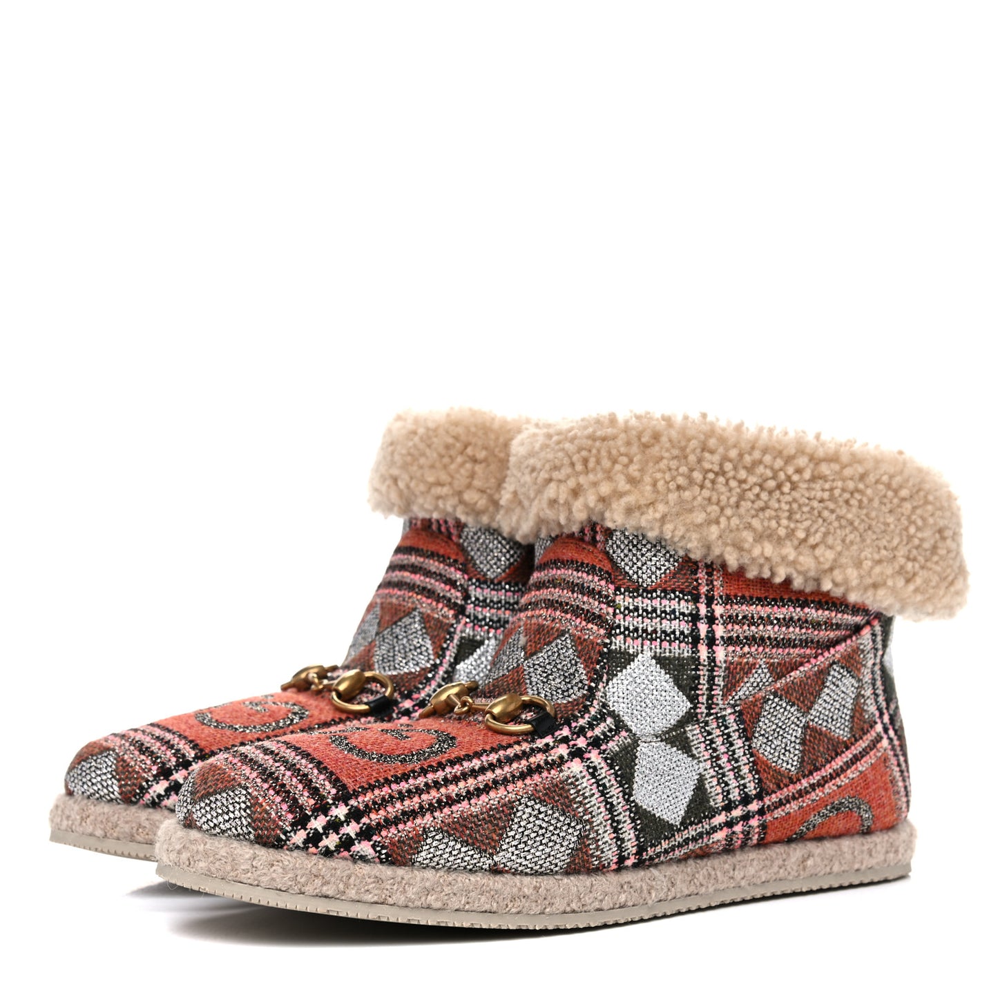 Tweed Wool Fancy Geometric GG Womens Fria Horsebit Ankle Boots 41 Black Ivory Butterscotch