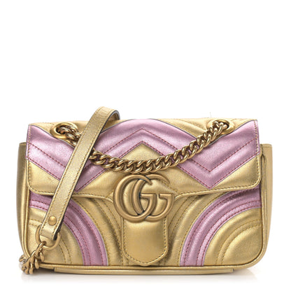 Gucci Metallic Calfskin Matelasse Mini GG Marmont Shoulder Bag Gold Pink 1 of 14