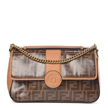Fendi Vitello Grace Glazed Fabric FF 1974 Double F Shoulder Bag Caramello Mogano Panna 1 of 12