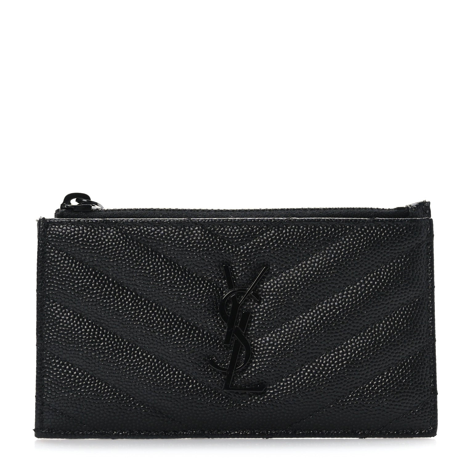 Saint Laurent Grain De Poudre Matelasse Chevron Monogram Fragments Zippered Card Case Black 1 of 8