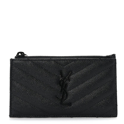 Saint Laurent Grain De Poudre Matelasse Chevron Monogram Fragments Zippered Card Case Black 1 of 8