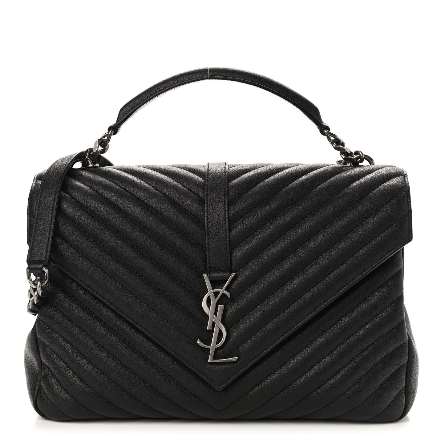 Sheepskin Matelasse Chevron Monogram Large College Satchel Black