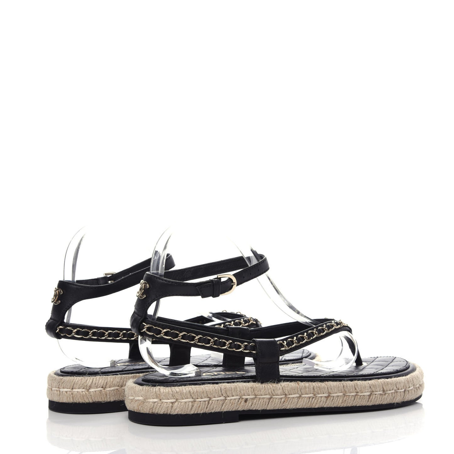 Lambskin Chain CC Thong Espadrille Sandals 40 Black
