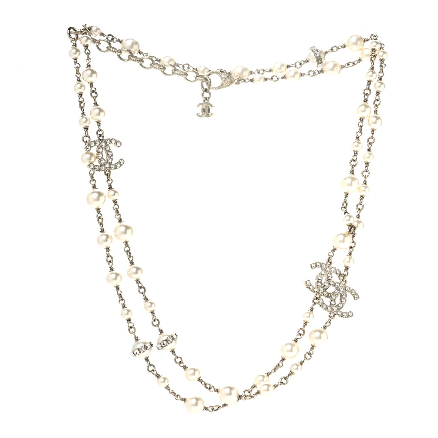 Crystal Pearl CC Long Necklace Gold
