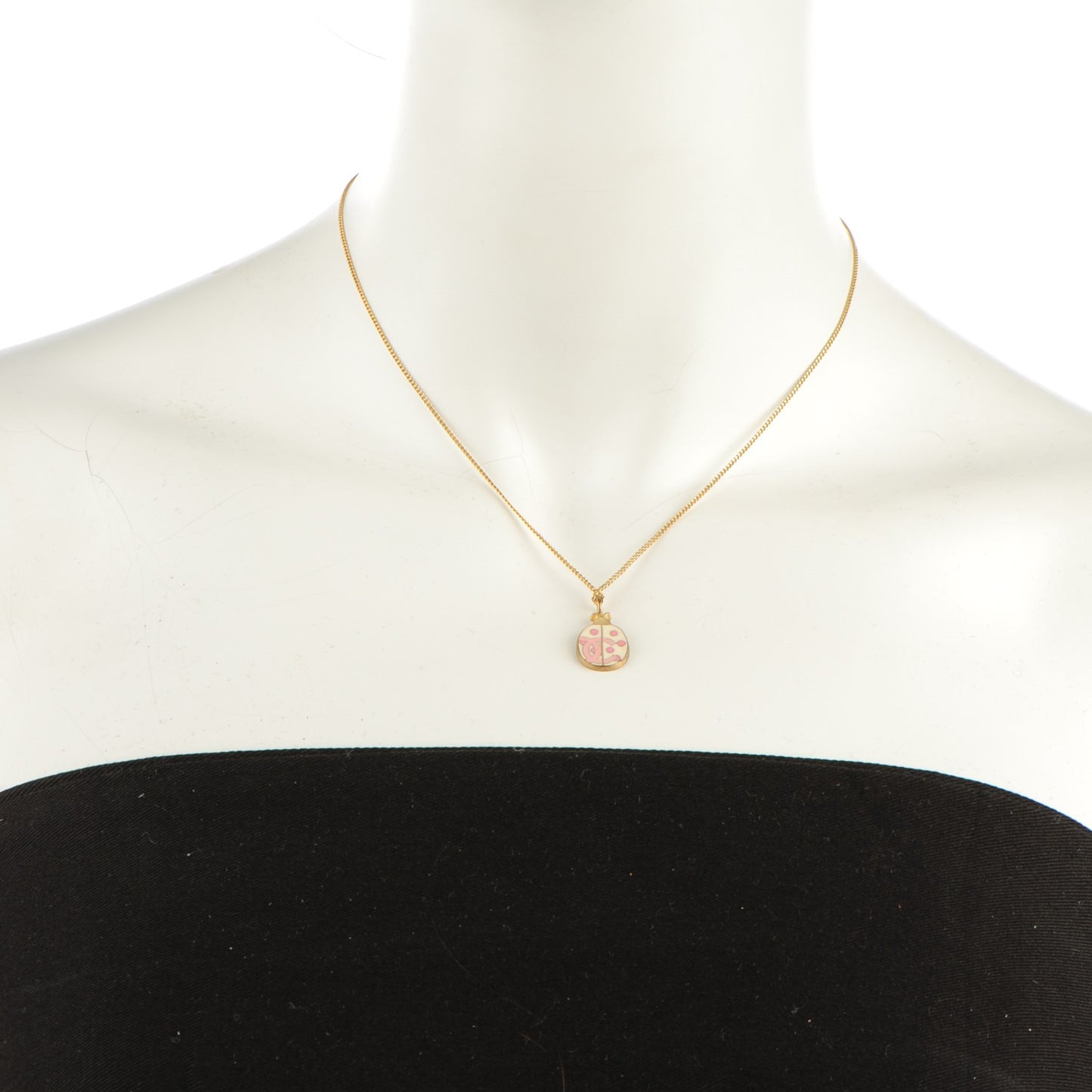 Enamel CC Ladybug Necklace Pink White Gold