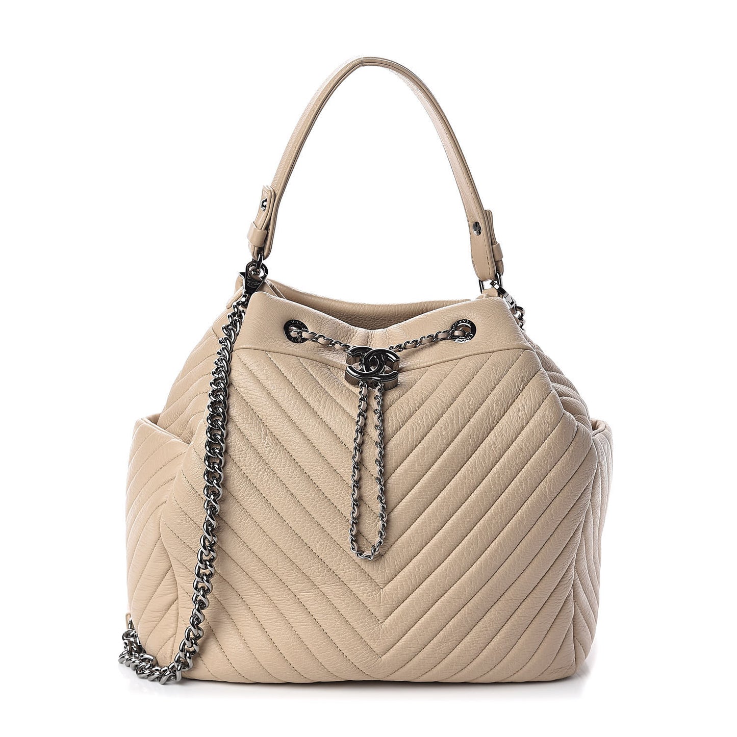 Deerskin Chevron Large CC Chain Bucket Drawstring Bag Beige