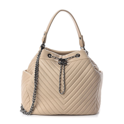 Chanel Deerskin Chevron Large CC Chain Bucket Drawstring Bag Beige 1 of 10