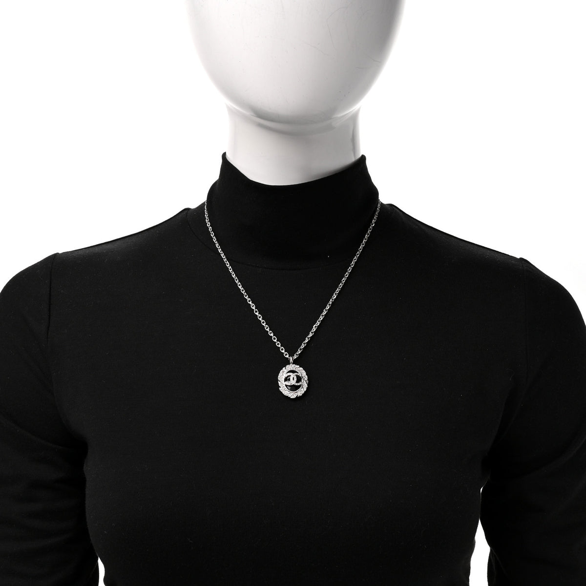 Chanel Metal Resin Crystal CC Oval Necklace Silver Black 2 of 5