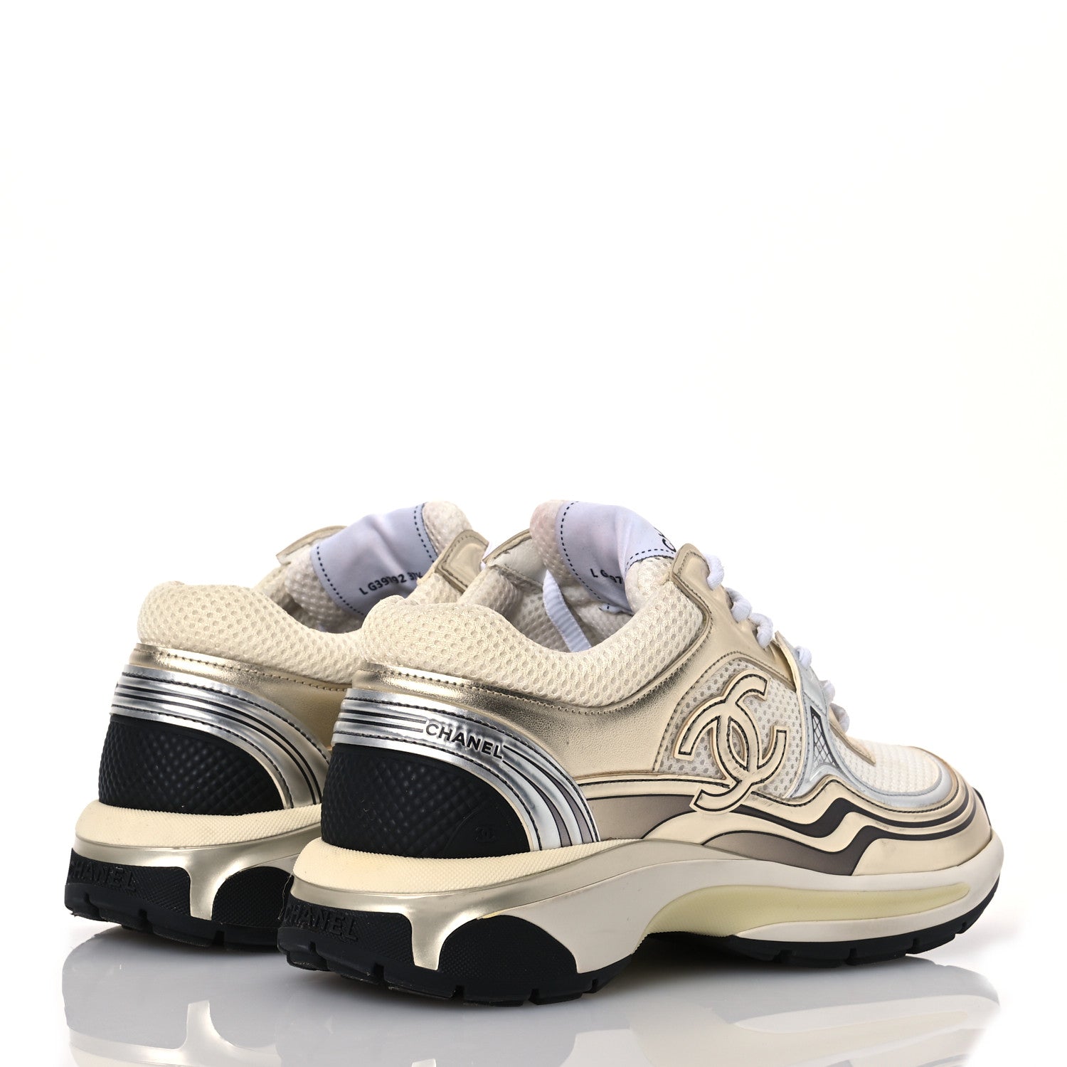 Chanel Fabric Laminated Calfskin Stretch CC Womens Sneakers 37.5 White Gold Silver 4 of 14