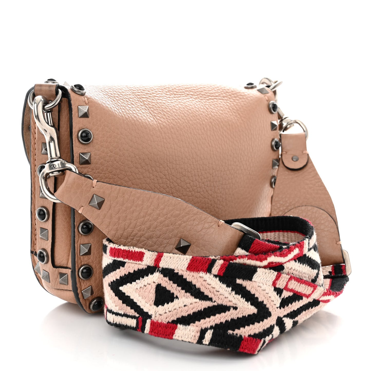 Grained Calfskin Onyx Guitar Strap Rockstud Rolling Shoulder Flap Messenger Bag Soft Noisette