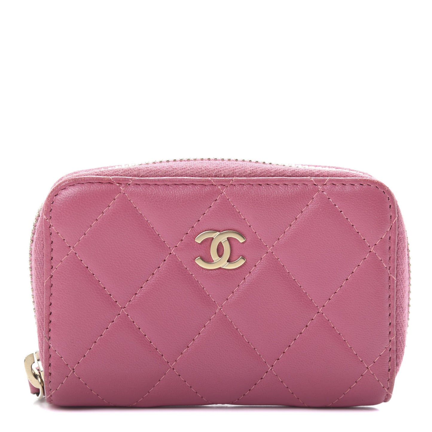 Lambskin Quilted Zip Around Coin Purse Wallet Pink