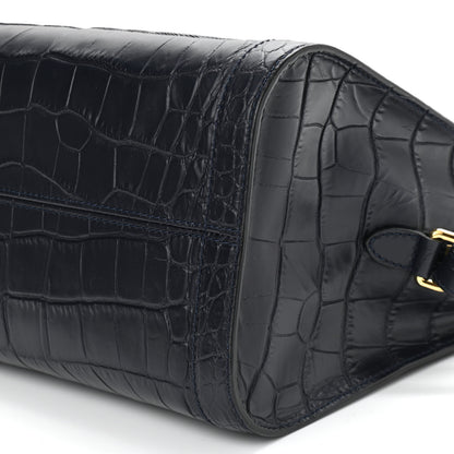Alexander McQueen Calfskin Crocodile Embossed Small Skull Padlock Zip Around Tote Navy Blue 11 of 12
