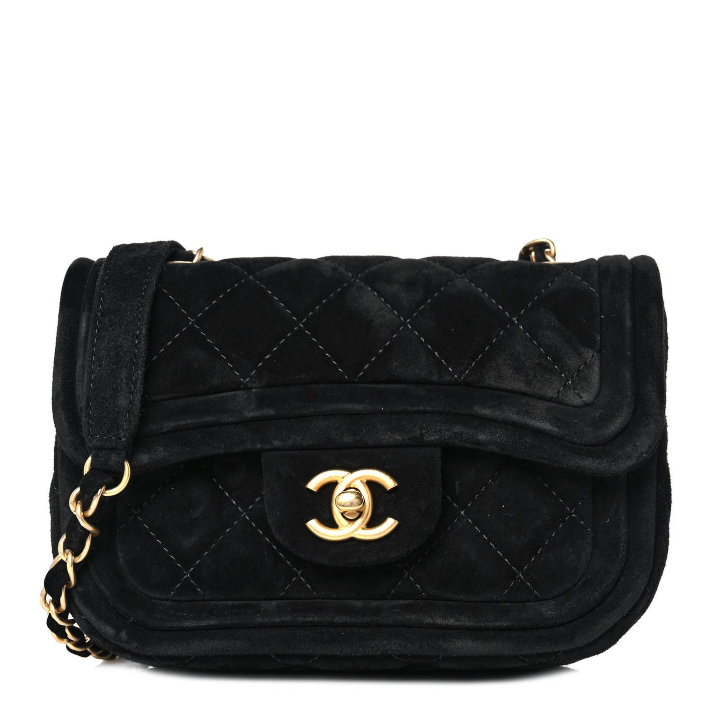 Suede Quilted Mini Double Frame Flap Black