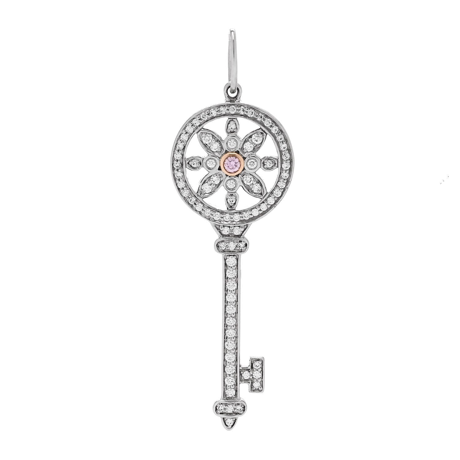 Tiffany Platinum 18K Rose Gold Pink Diamond Daisy Key Pendant 1 of 5