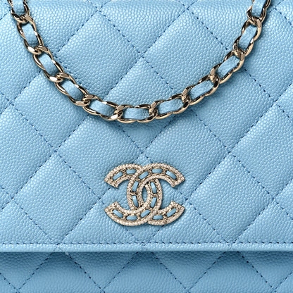 Chanel Caviar Quilted Crystal CC Wallet On Chain WOC Light Blue 9 of 12