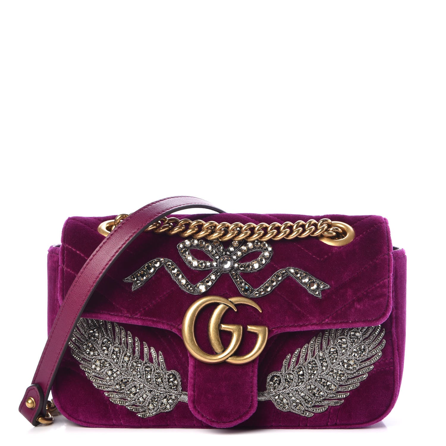 Gucci Velvet Matelasse Embroidered Mini GG Marmont Shoulder Bag Bordeaux 1 of 9