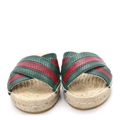 Gucci Malaga Kid Perforated Criss Cross Espadrille Slide Sandals 38.5 Emerald Hibiscus Red 3 of 10