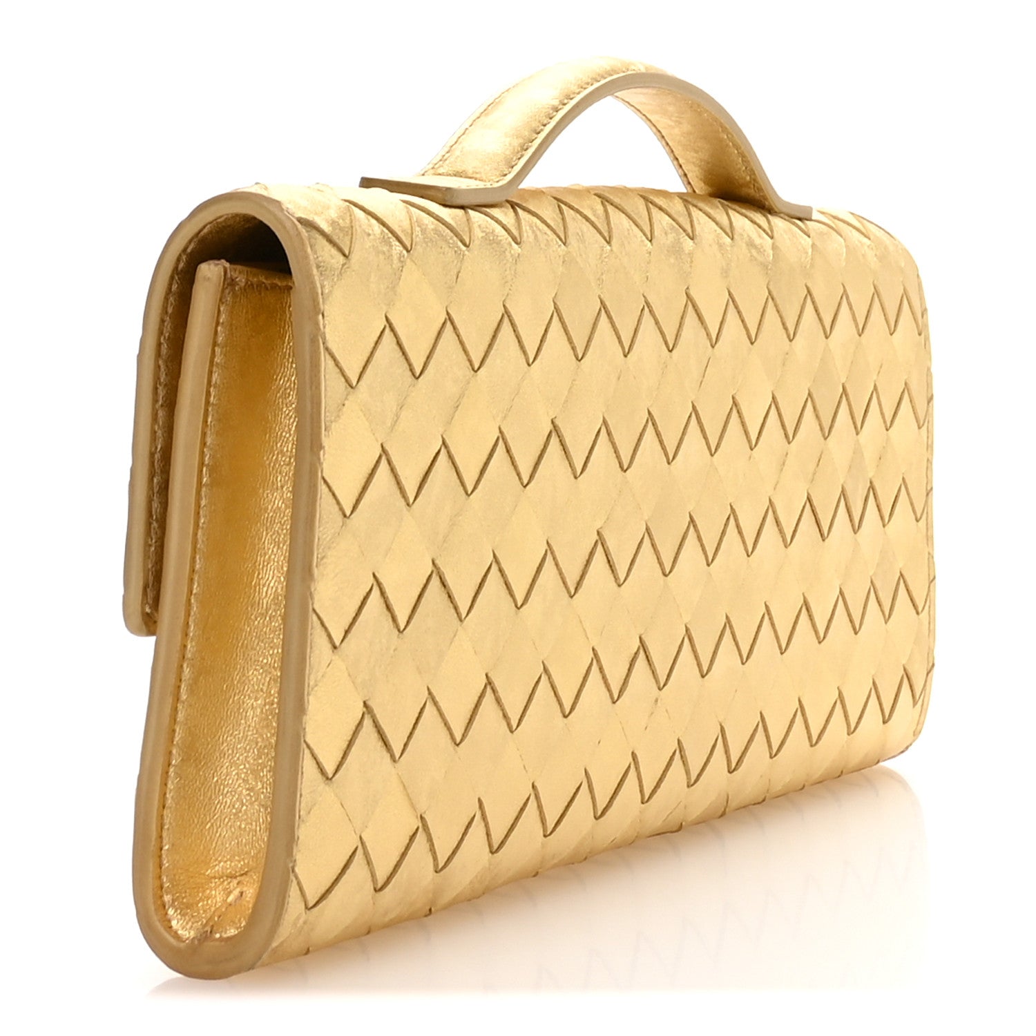 Bottega Veneta Metallic Satin Lambskin Intrecciato Long Andiamo Top Handle Clutch Gold 3 of 10