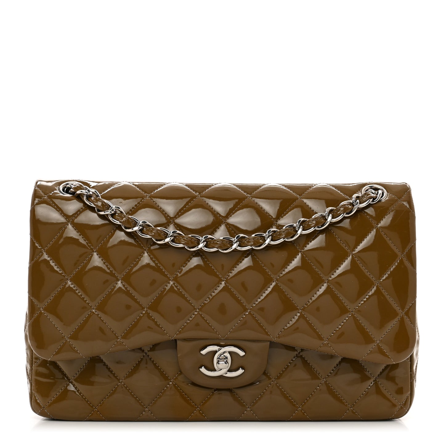 Patent Calfskin Quilted Jumbo Double Flap Brown