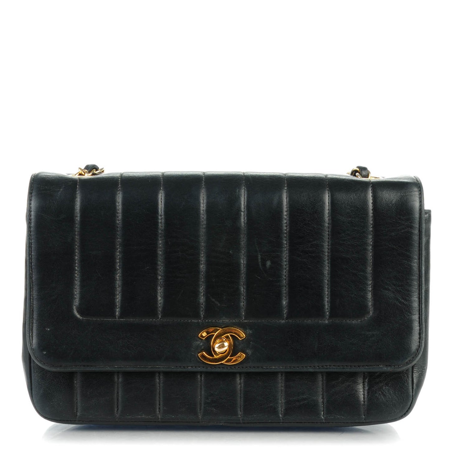 Lambskin Vertical Quilted Medium Single Flap Black