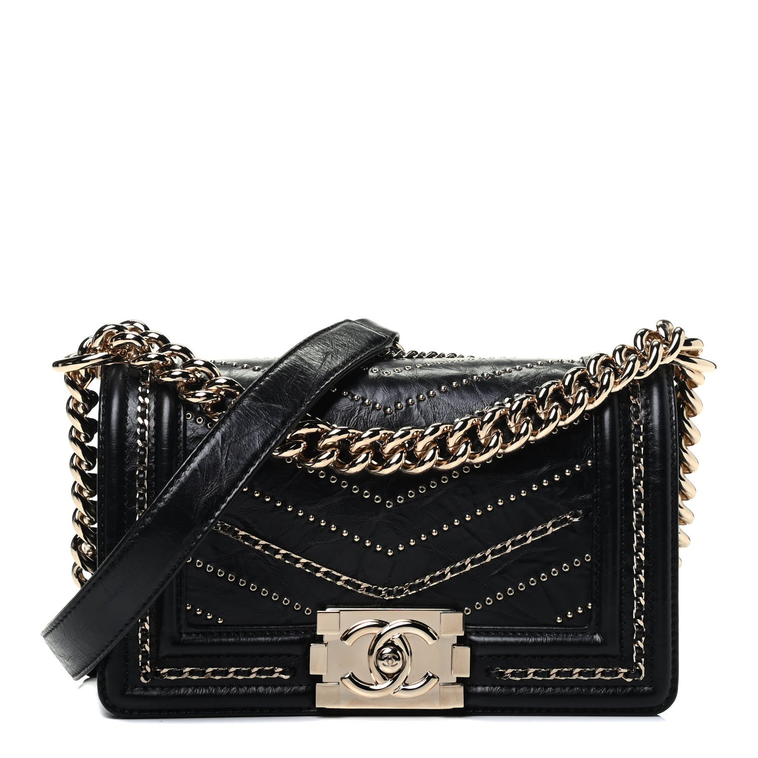 Chanel Crumpled Calfskin Chevron Small Chain Boy Flap Black 1 of 9