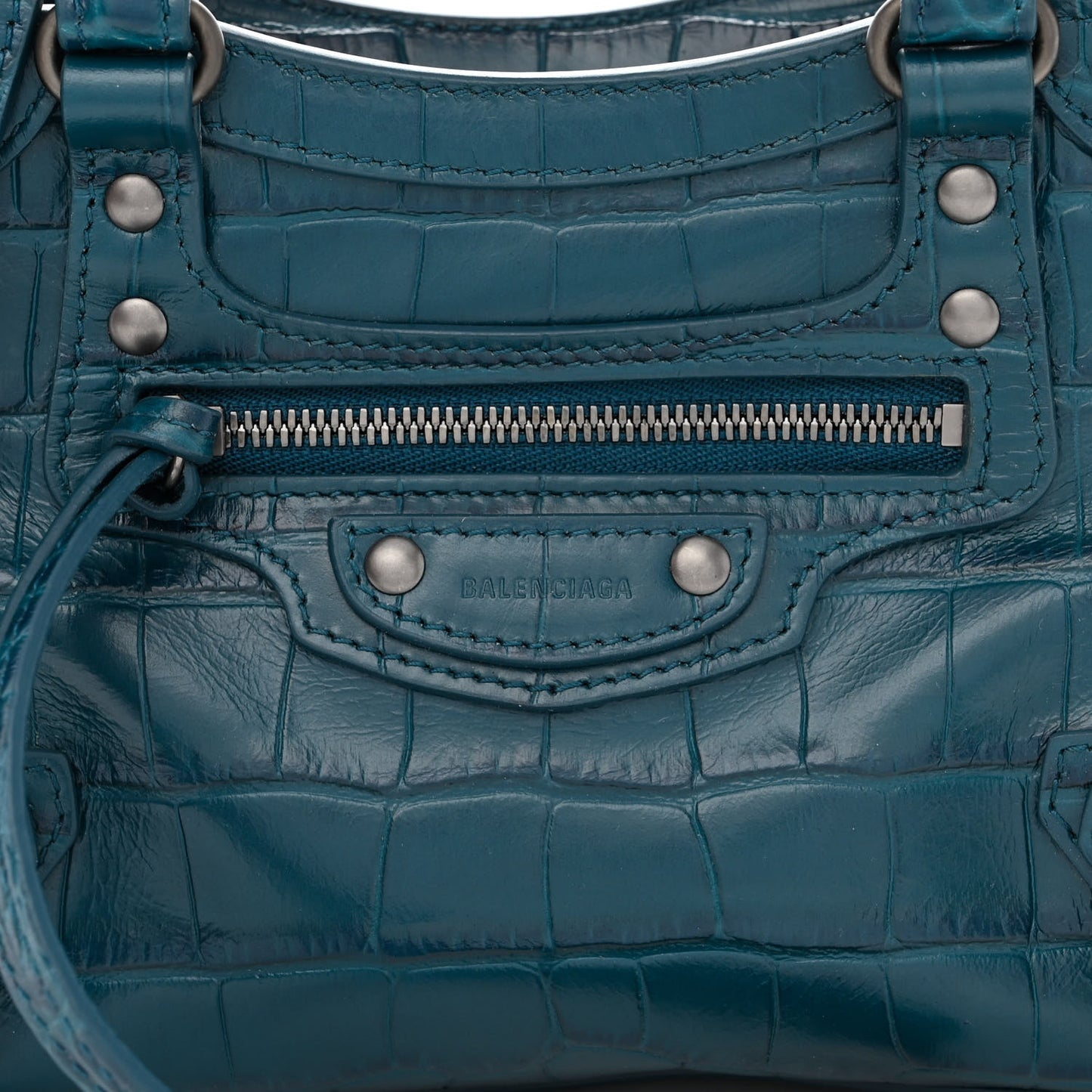 Calfskin Crocodile Embossed Neo Classic Silver Hardware Mini City Dark Petrol Blue