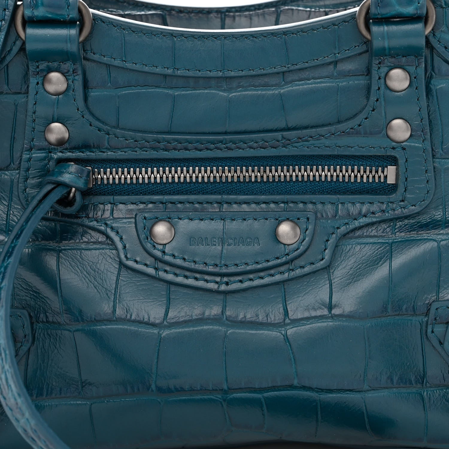 Balenciaga Calfskin Crocodile Embossed Neo Classic Silver Hardware Mini City Dark Petrol Blue 9 of 11