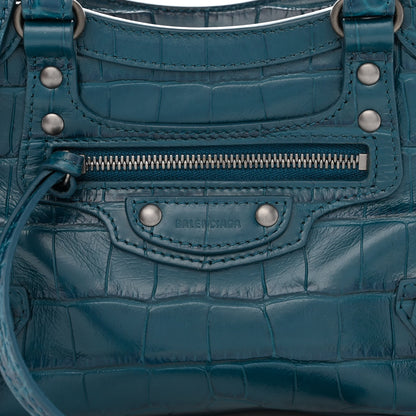 Balenciaga Calfskin Crocodile Embossed Neo Classic Silver Hardware Mini City Dark Petrol Blue 9 of 11