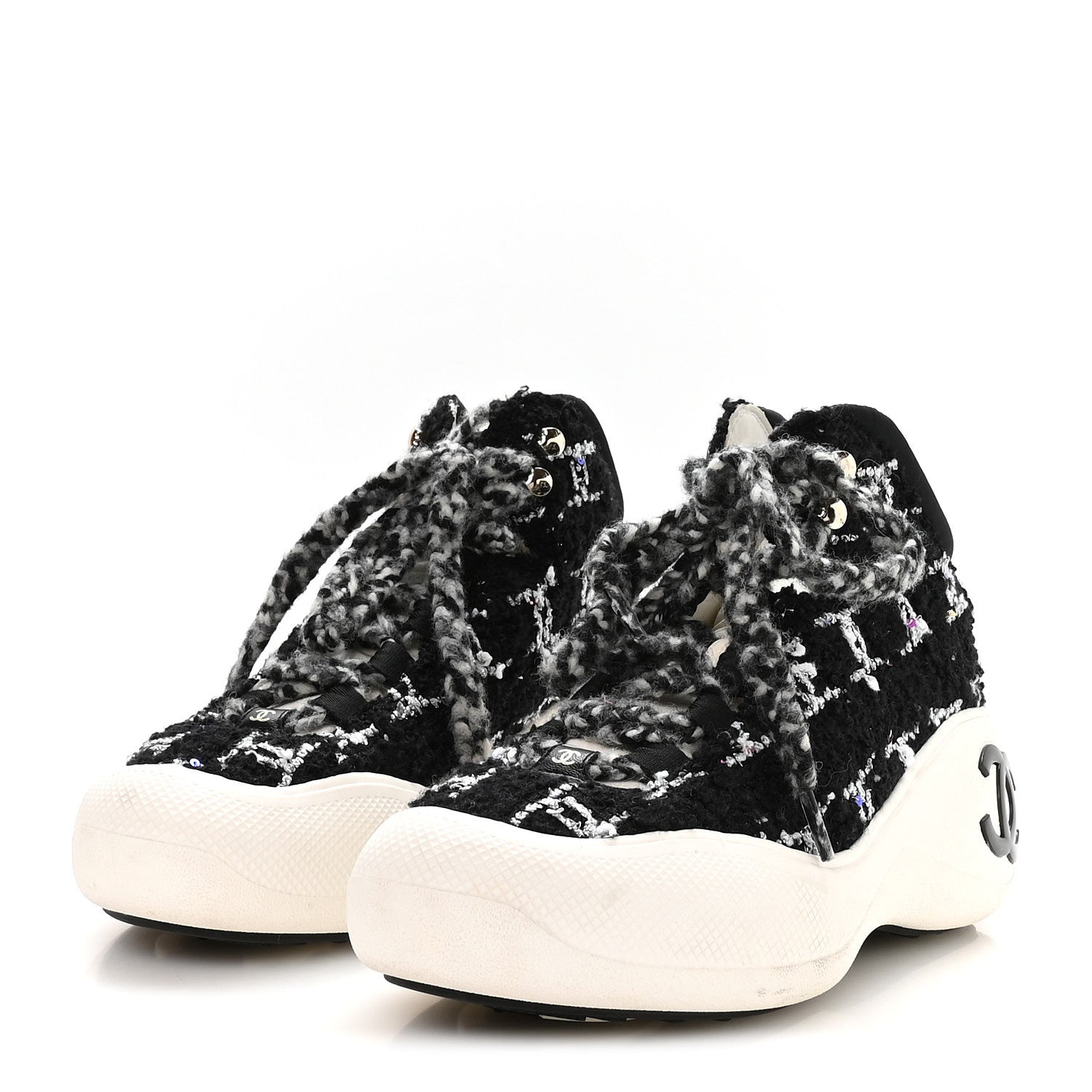 Chanel Tweed Sequins CC Lace Up Ankle Snow Boots 40 Black White 4 of 10