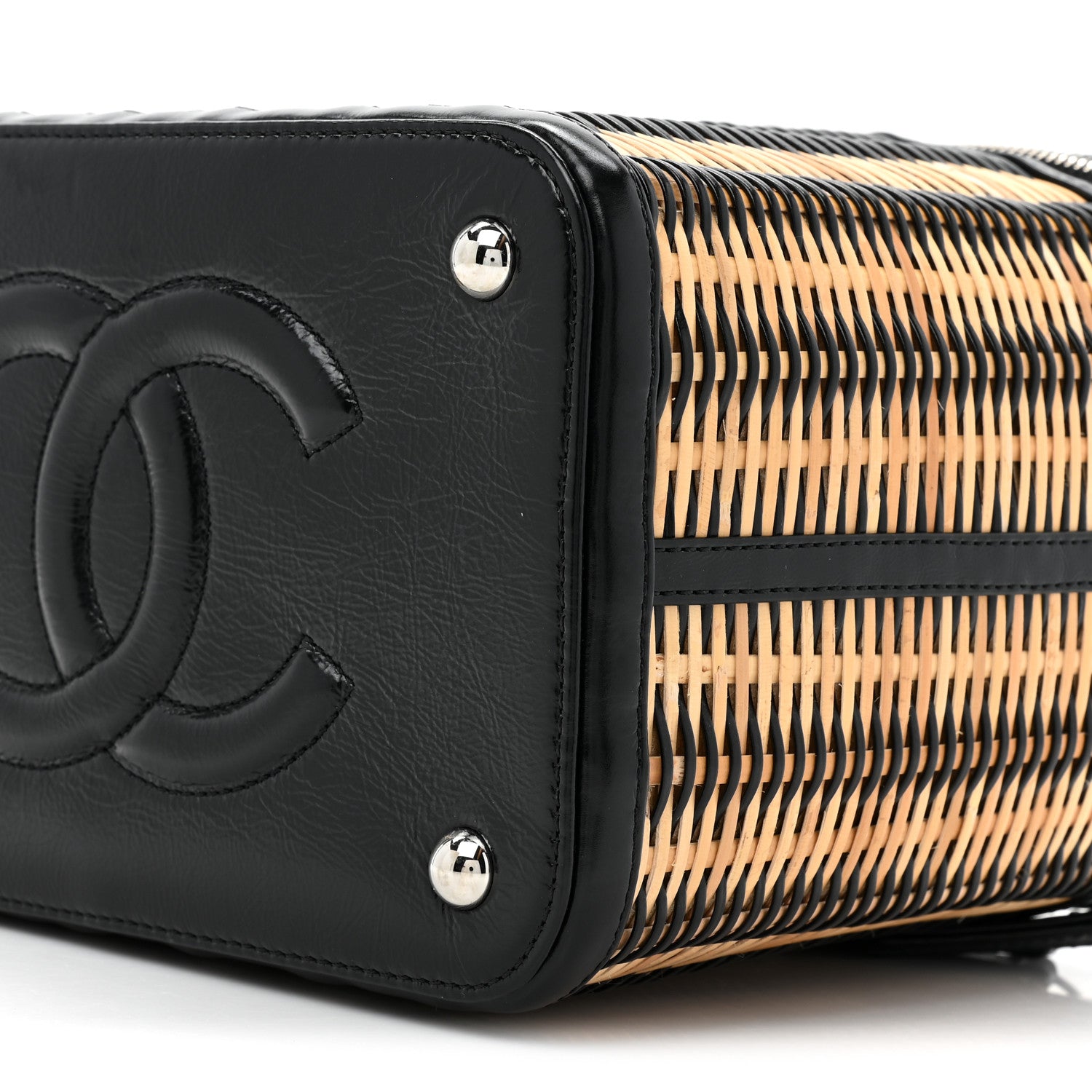 Chanel Glazed Calfskin Raffia Vanity Case Bag Black Beige 8 of 10
