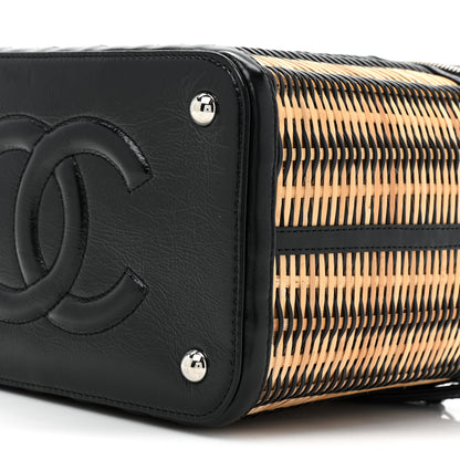 Chanel Glazed Calfskin Raffia Vanity Case Bag Black Beige 8 of 10