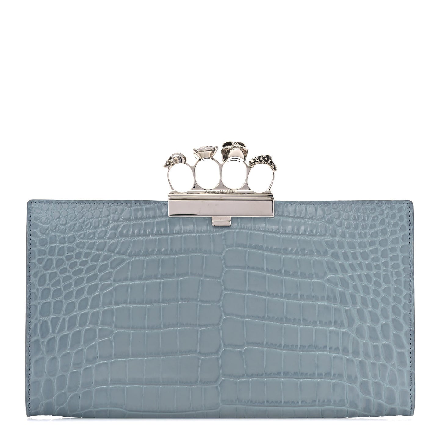 Calfskin Crocodile Embossed Knuckle Flat Clutch Black